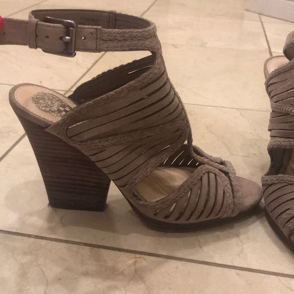 Vince Camuto Taupe Strappy Suede Block Heel Sandals